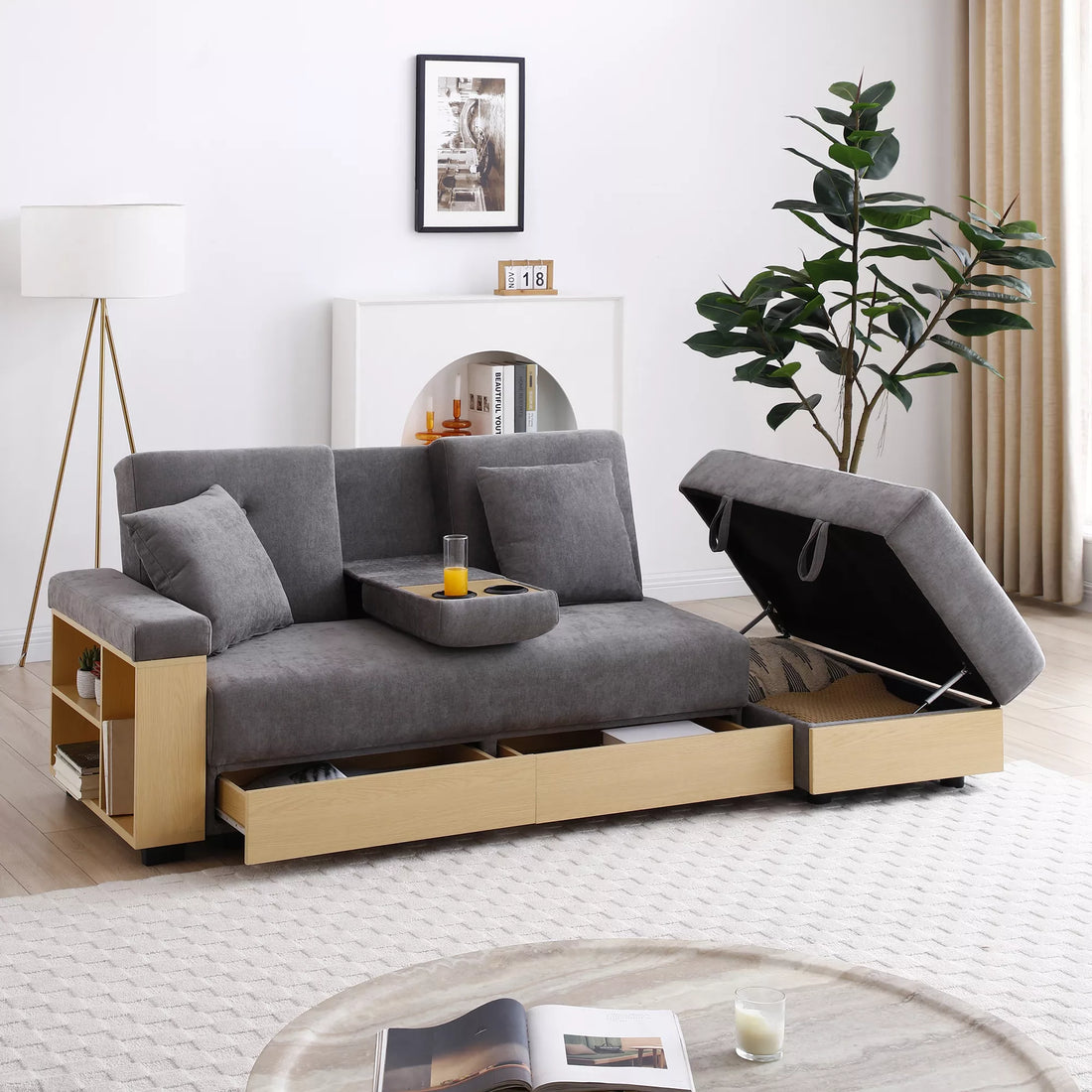Convertible Sleeper Sofa Couch, Multifunctional Double Folding Sofa Bed,Storage Ottoman and Sofa arm with box and drawer