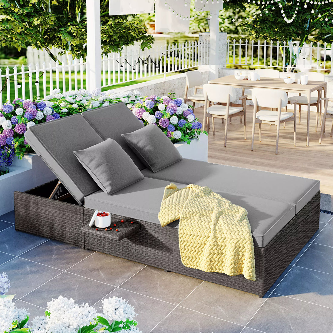 Versatile Outdoor Double Sunbed,Patio Wicker Rattan Reclining Chairs with Adjustable Backrest and Seat,for Porch Lawn Garden Backyard Poolside
