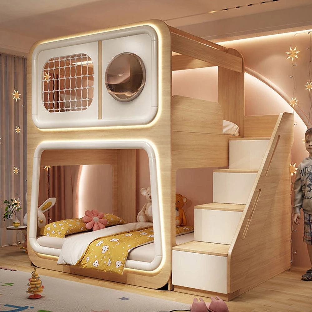 Childrens Bunk Beds, Toddler Bunk Beds Ladder Cabinet with Slide and Drawers, Mattress Space Capsule