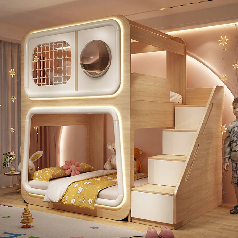 Childrens Bunk Beds, Toddler Bunk Beds Ladder Cabinet with Slide and Drawers, Mattress Space Capsule