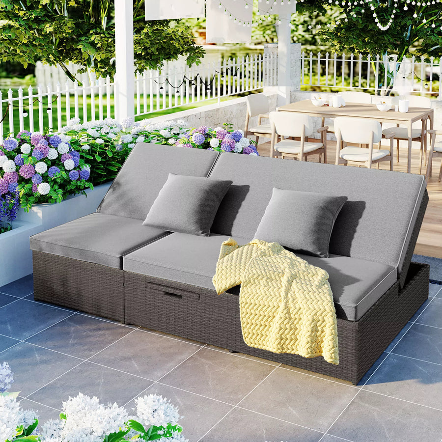 Versatile Outdoor Double Sunbed,Patio Wicker Rattan Reclining Chairs with Adjustable Backrest and Seat,for Porch Lawn Garden Backyard Poolside