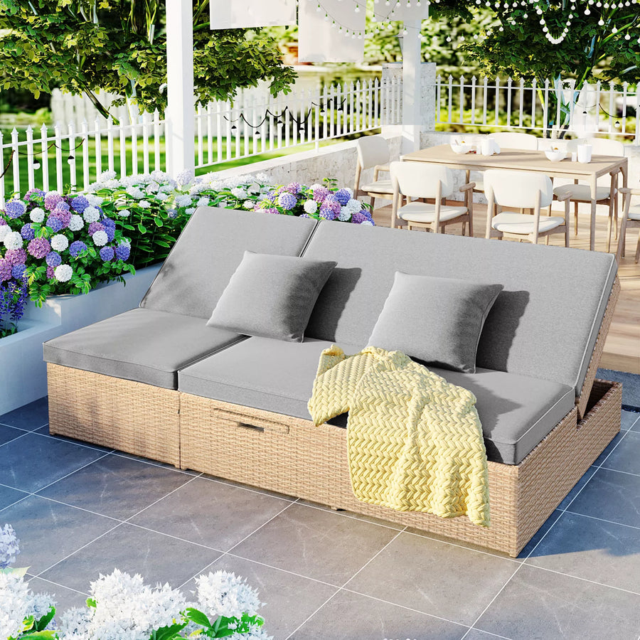 Versatile Outdoor Double Sunbed,Patio Wicker Rattan Reclining Chairs with Adjustable Backrest and Seat,for Porch Lawn Garden Backyard Poolside
