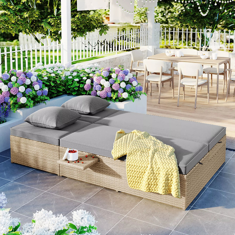 Versatile Outdoor Double Sunbed,Patio Wicker Rattan Reclining Chairs with Adjustable Backrest and Seat,for Porch Lawn Garden Backyard Poolside
