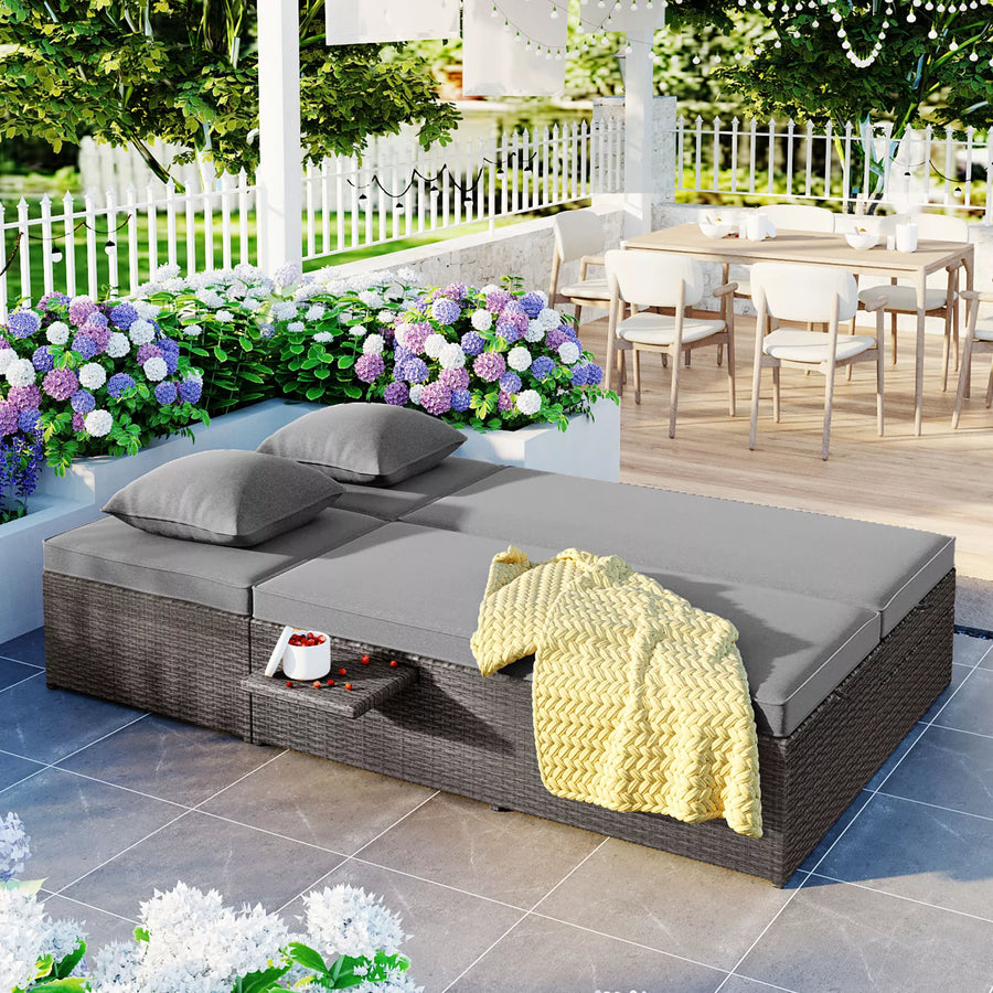 Versatile Outdoor Double Sunbed,Patio Wicker Rattan Reclining Chairs with Adjustable Backrest and Seat,for Porch Lawn Garden Backyard Poolside