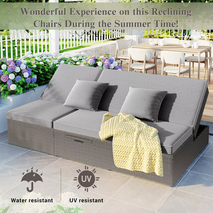 Versatile Outdoor Double Sunbed,Patio Wicker Rattan Reclining Chairs with Adjustable Backrest and Seat,for Porch Lawn Garden Backyard Poolside