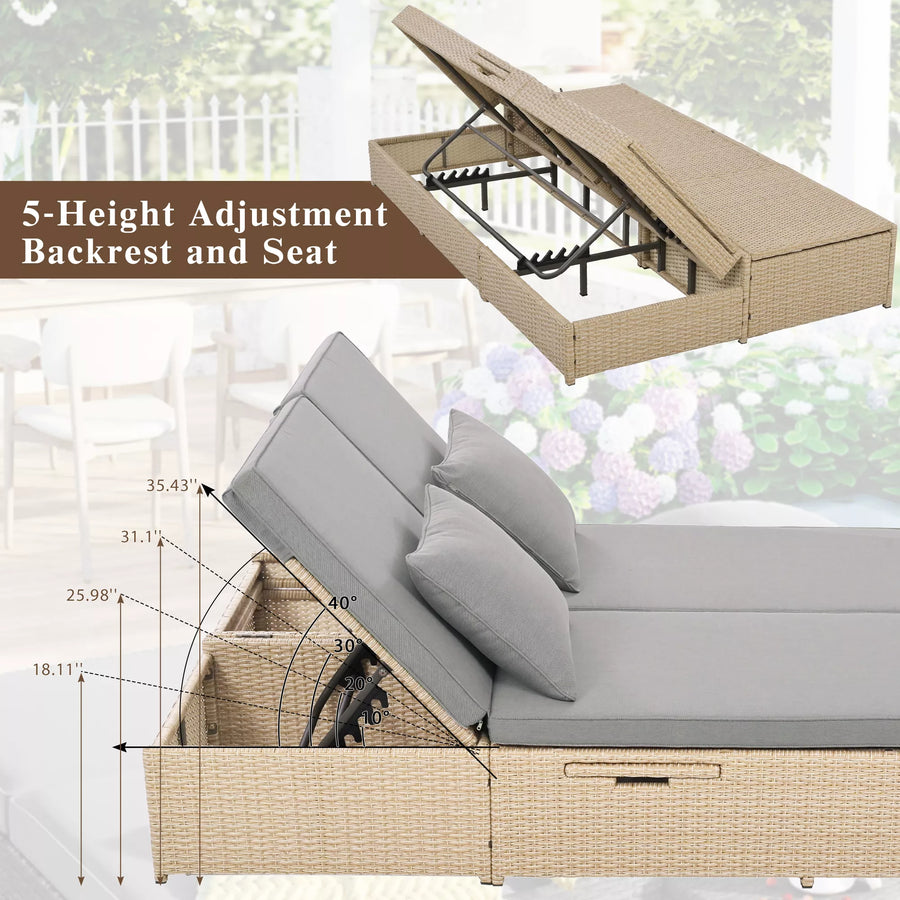 Versatile Outdoor Double Sunbed,Patio Wicker Rattan Reclining Chairs with Adjustable Backrest and Seat,for Porch Lawn Garden Backyard Poolside