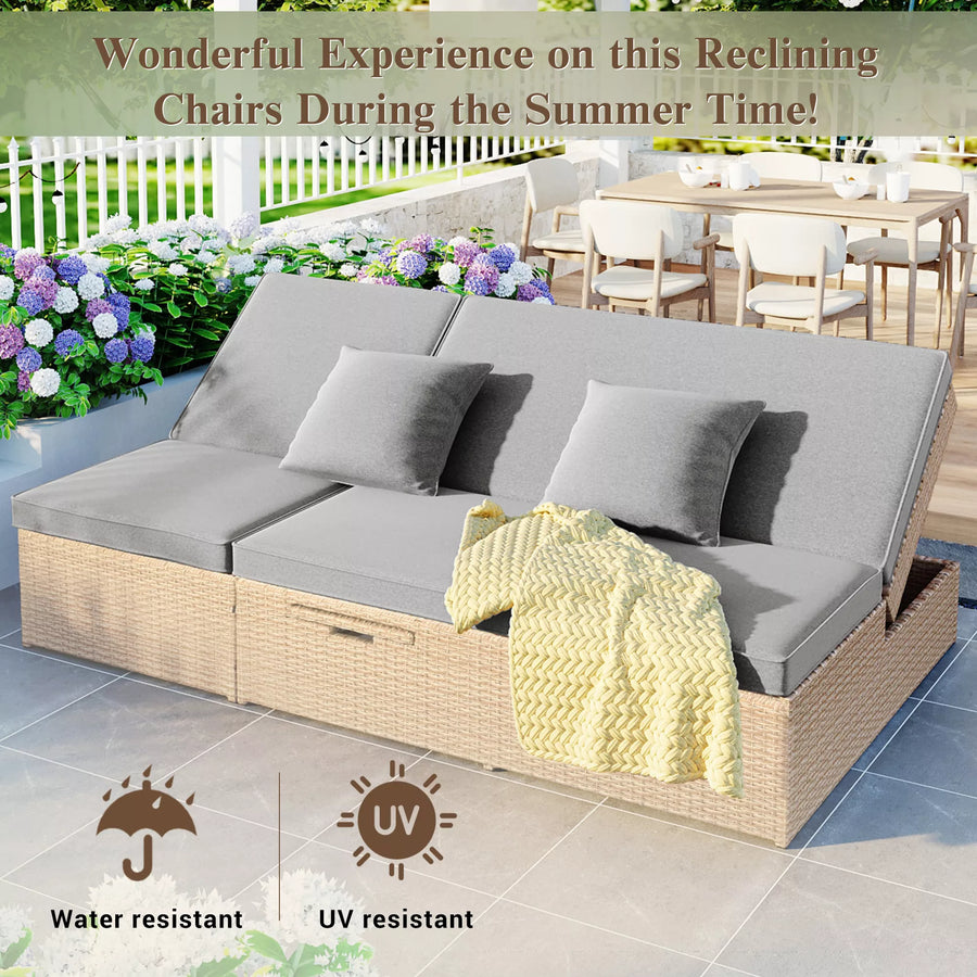 Versatile Outdoor Double Sunbed,Patio Wicker Rattan Reclining Chairs with Adjustable Backrest and Seat,for Porch Lawn Garden Backyard Poolside