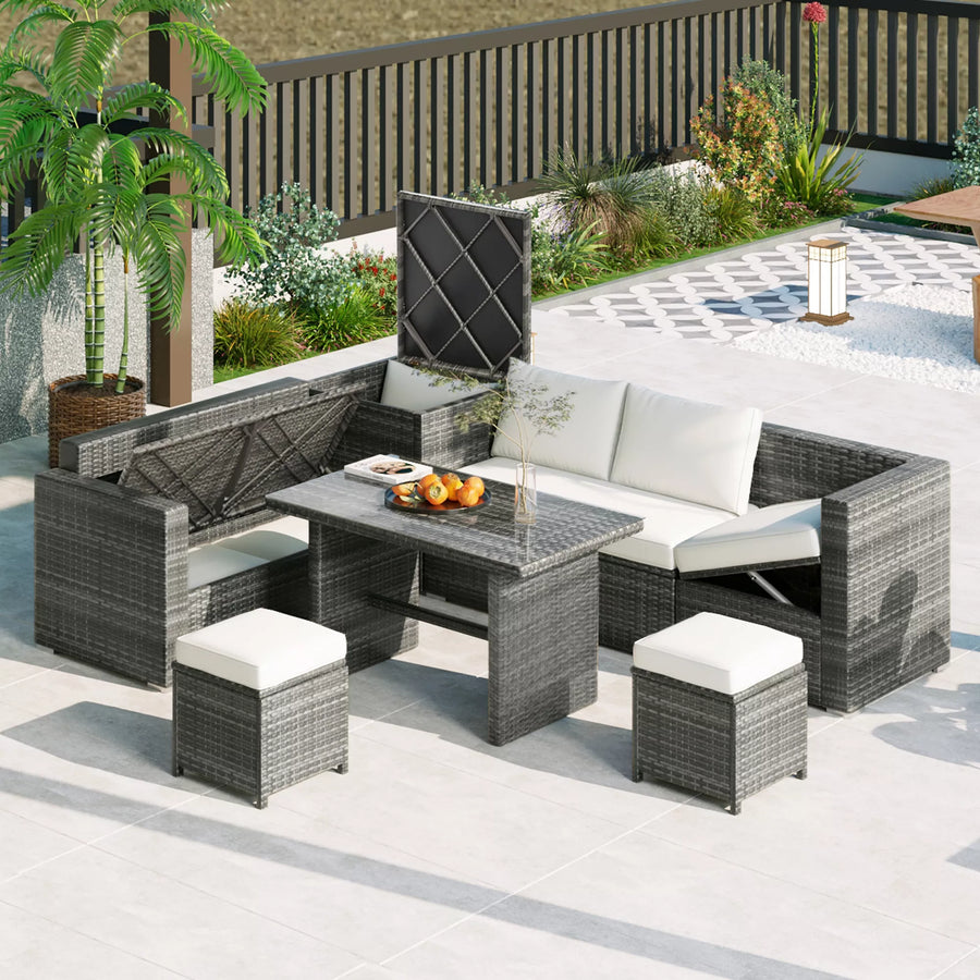 6-Piece Outdoor Sectional Furniture Set with Storage Box and Adjustable Seat, All Weather Rattan Sofa Set with Removable Covers and Tempered Glass Top Table for Garden Patio