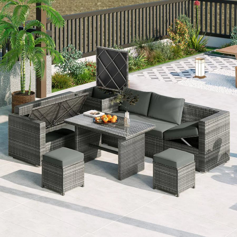 6-Piece Outdoor Sectional Furniture Set with Storage Box and Adjustable Seat, All Weather Rattan Sofa Set with Removable Covers and Tempered Glass Top Table for Garden Patio