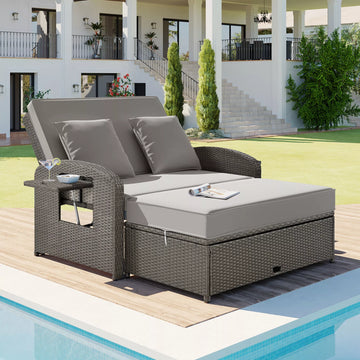 Wicker Rattan Double Chaise Lounge, 2-Person Reclining Daybed with Adjustable Back and Cushions, Free Furniture Protection Cove