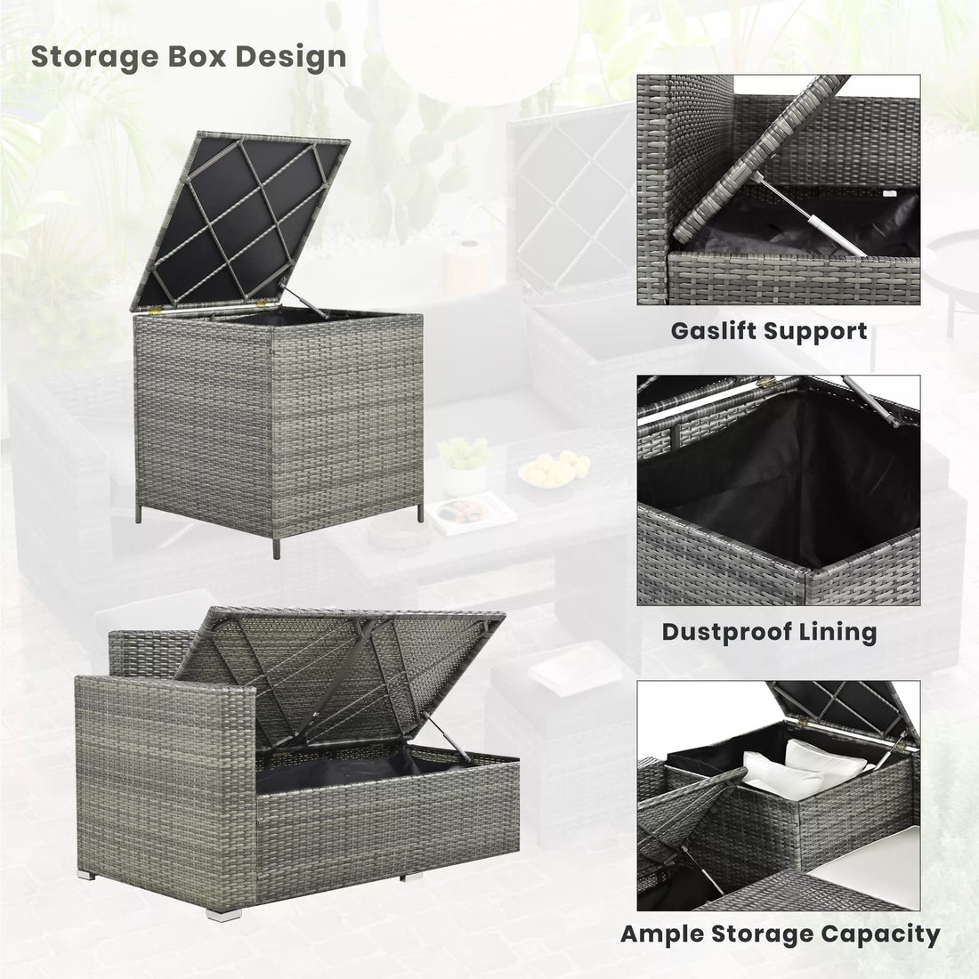 6-Piece Outdoor Sectional Furniture Set with Storage Box and Adjustable Seat, All Weather Rattan Sofa Set with Removable Covers and Tempered Glass Top Table for Garden Patio