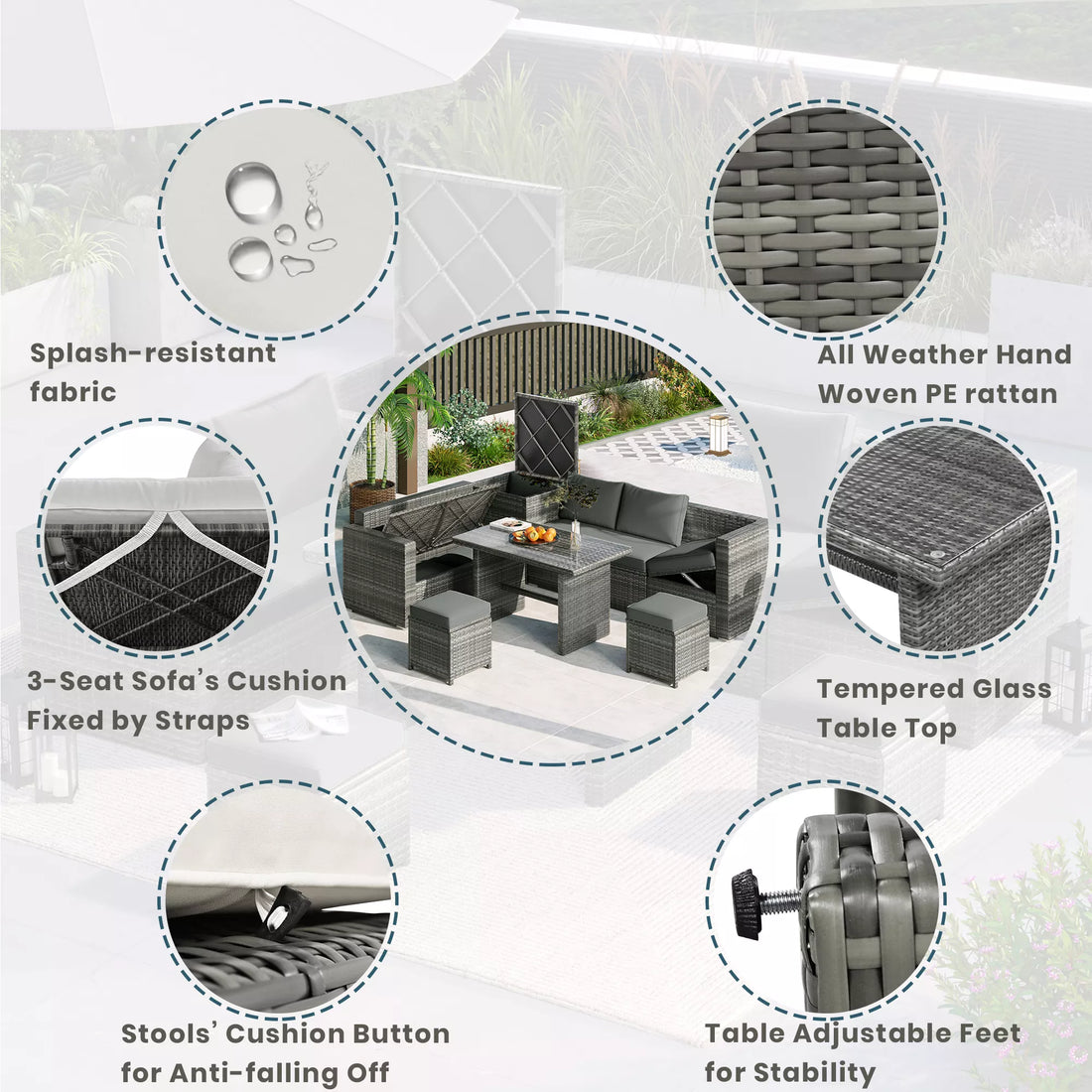 6-Piece Outdoor Sectional Furniture Set with Storage Box and Adjustable Seat, All Weather Rattan Sofa Set with Removable Covers and Tempered Glass Top Table for Garden Patio