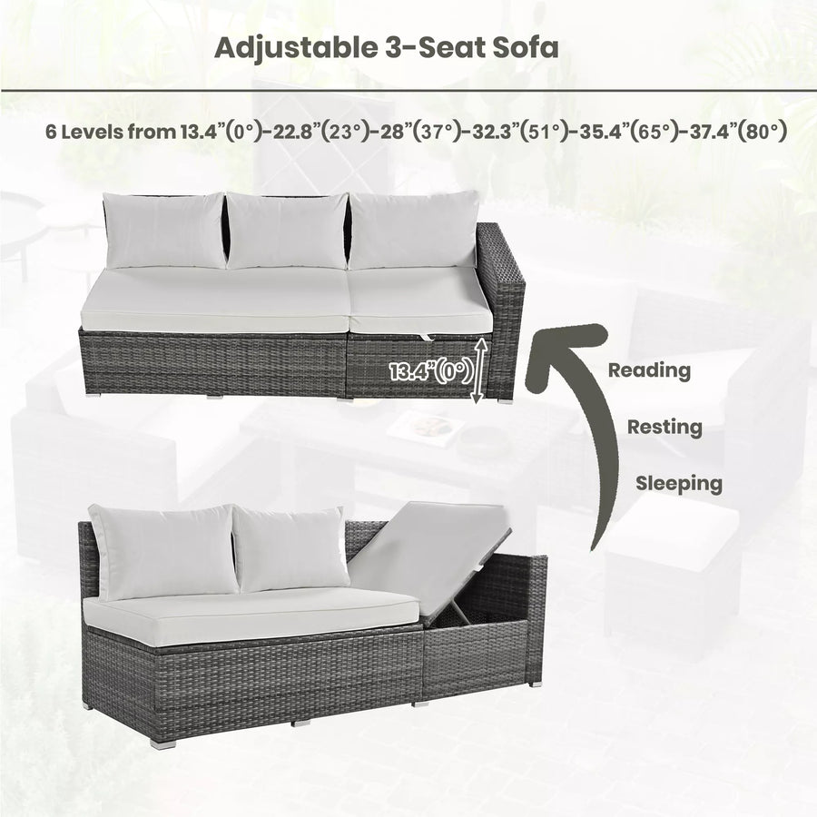 6-Piece Outdoor Sectional Furniture Set with Storage Box and Adjustable Seat, All Weather Rattan Sofa Set with Removable Covers and Tempered Glass Top Table for Garden Patio