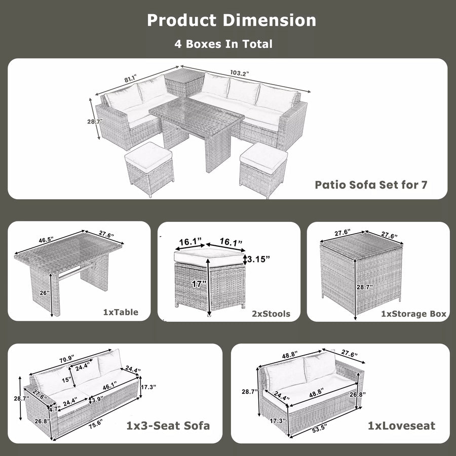 6-Piece Outdoor Sectional Furniture Set with Storage Box and Adjustable Seat, All Weather Rattan Sofa Set with Removable Covers and Tempered Glass Top Table for Garden Patio
