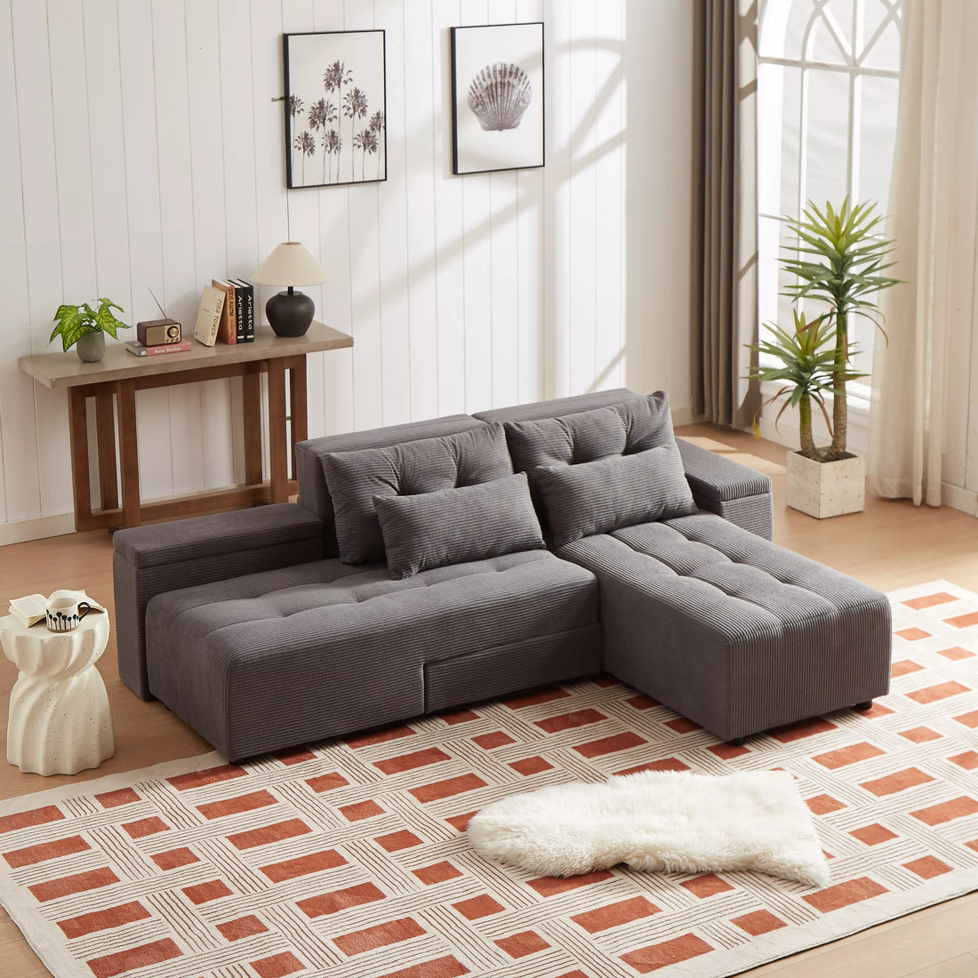 Free Combination Cloud Sectional Sofa Corduroy Upholstered L-Shaped Couch 3 in 1 Convertible Sleeper Sofa Bed Minimalist Modular Couches Chaise Lounge Daybed with Storage and 4 Pillows for Living Room