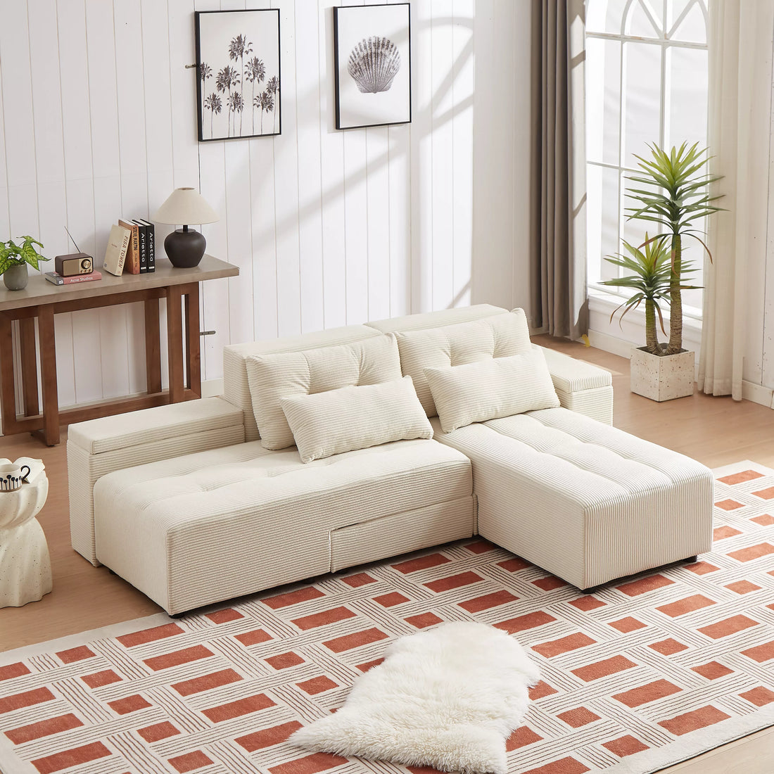 Free Combination Cloud Sectional Sofa Corduroy Upholstered L-Shaped Couch 3 in 1 Convertible Sleeper Sofa Bed Minimalist Modular Couches Chaise Lounge Daybed with Storage and 4 Pillows for Living Room