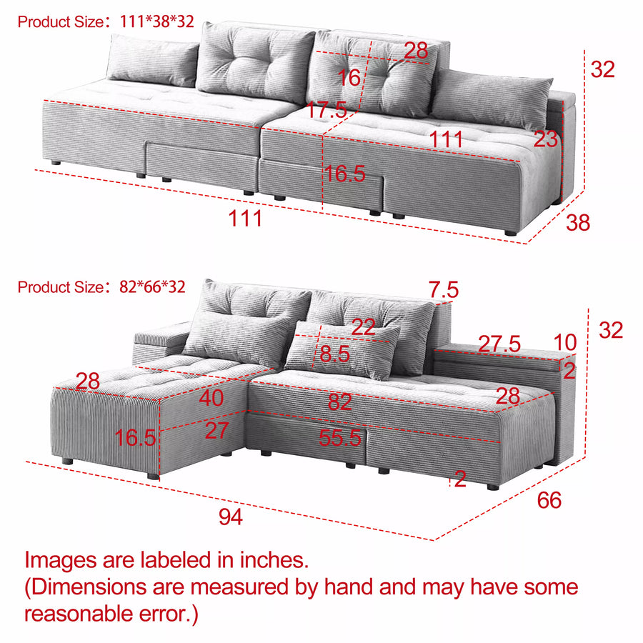 Free Combination Cloud Sectional Sofa Corduroy Upholstered L-Shaped Couch 3 in 1 Convertible Sleeper Sofa Bed Minimalist Modular Couches Chaise Lounge Daybed with Storage and 4 Pillows for Living Room