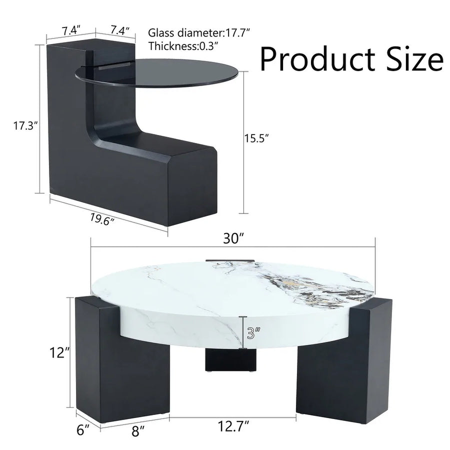 Coffee Table with End Table Set, Modern Durable Marble Textured MDF Center Table with a Side Table for Living Room