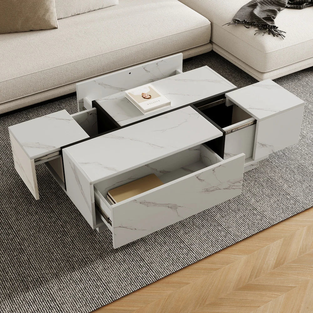 Walnut Rectangle MDF Coffee Table with Storage，Oblong CoffeeTable with Sliding Top, 2 Drawers, and Hidden Storage for Living Room