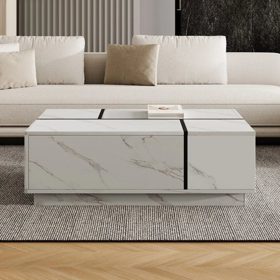 Walnut Rectangle MDF Coffee Table with Storage，Oblong CoffeeTable with Sliding Top, 2 Drawers, and Hidden Storage for Living Room