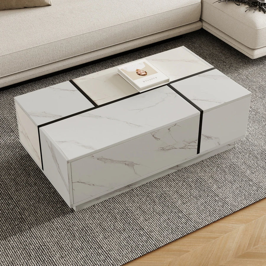 Walnut Rectangle MDF Coffee Table with Storage，Oblong CoffeeTable with Sliding Top, 2 Drawers, and Hidden Storage for Living Room