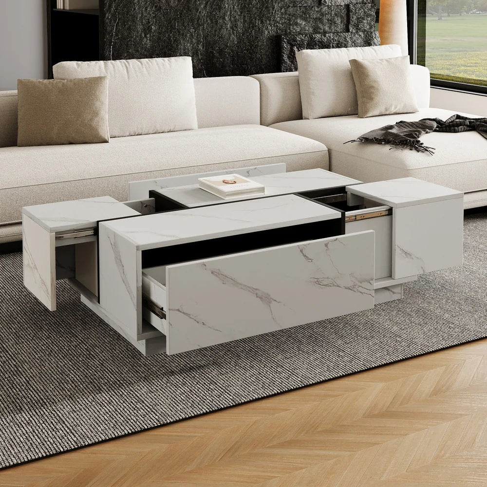 Walnut Rectangle MDF Coffee Table with Storage，Oblong CoffeeTable with Sliding Top, 2 Drawers, and Hidden Storage for Living Room
