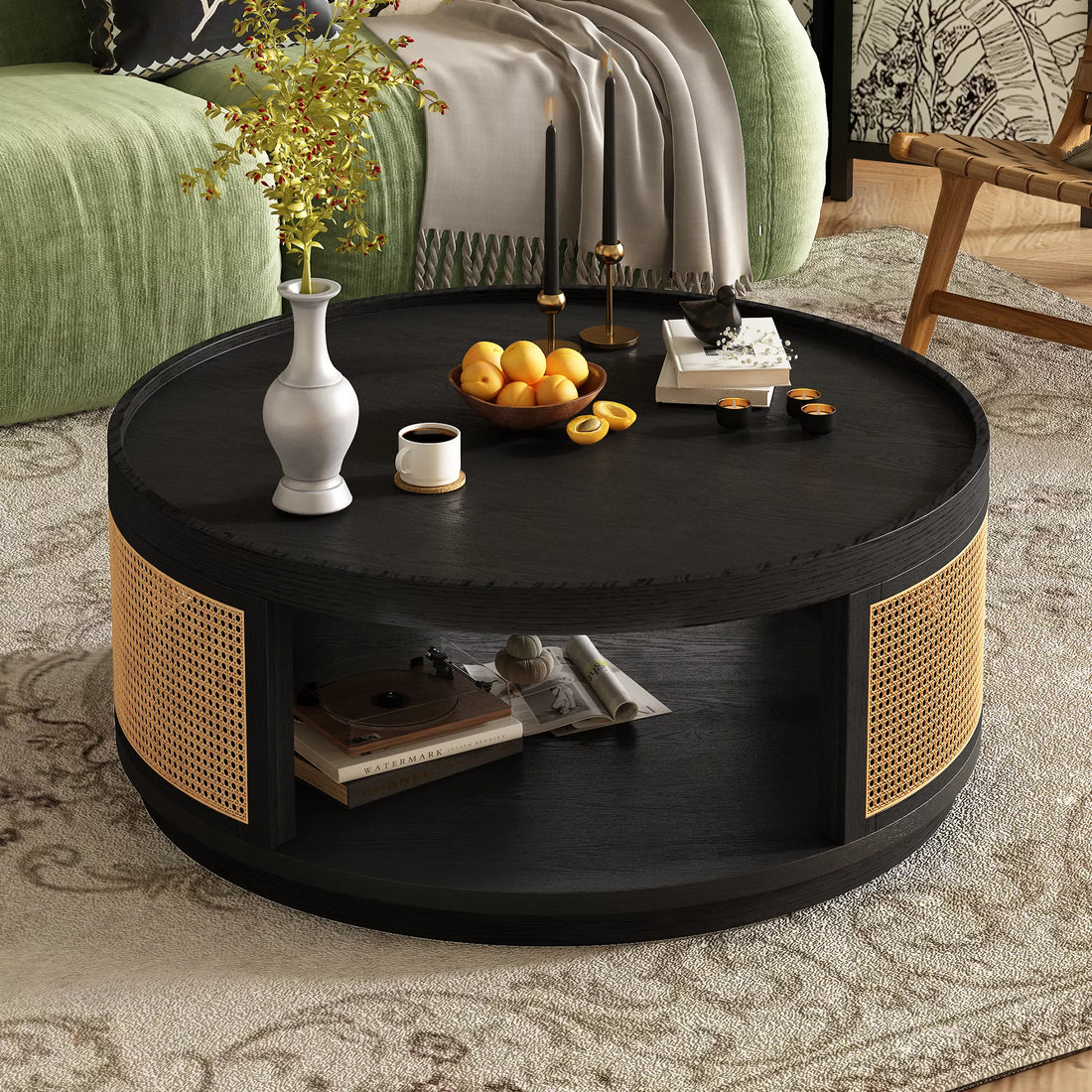 36.8'' Round Coffee Table, Modern Wooden Center Tables with PE Rattan Side, Mid-Century Retro Farmhouse Style Circle 2-Tier for Living Room,Bedroom