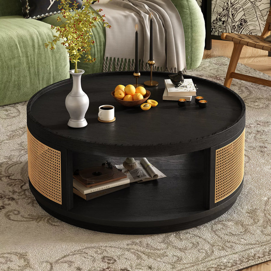 36.8'' Round Coffee Table, Modern Wooden Center Tables with PE Rattan Side, Mid-Century Retro Farmhouse Style Circle 2-Tier for Living Room,Bedroom