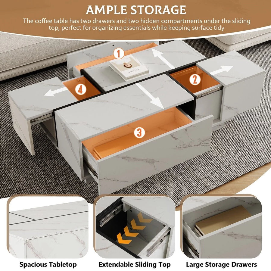 Walnut Rectangle MDF Coffee Table with Storage，Oblong CoffeeTable with Sliding Top, 2 Drawers, and Hidden Storage for Living Room