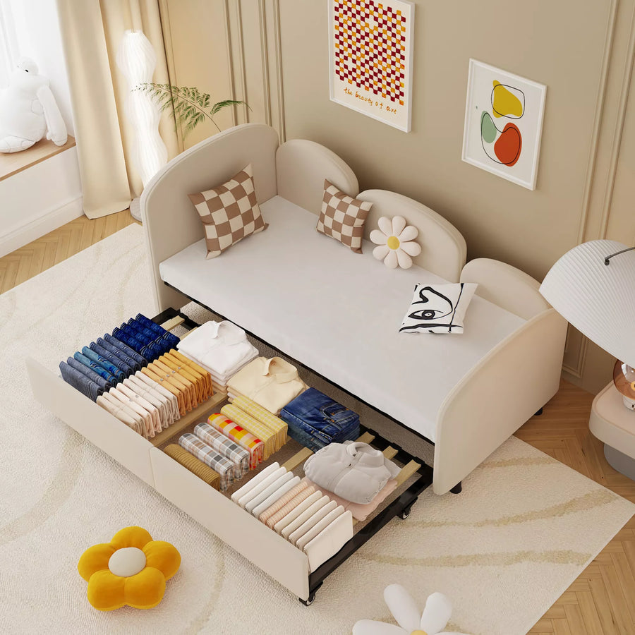 Modern Minimalist Daybed with Wooden Slats and Trundle for Bedroom and Living Room, Guest Room, Twin Size