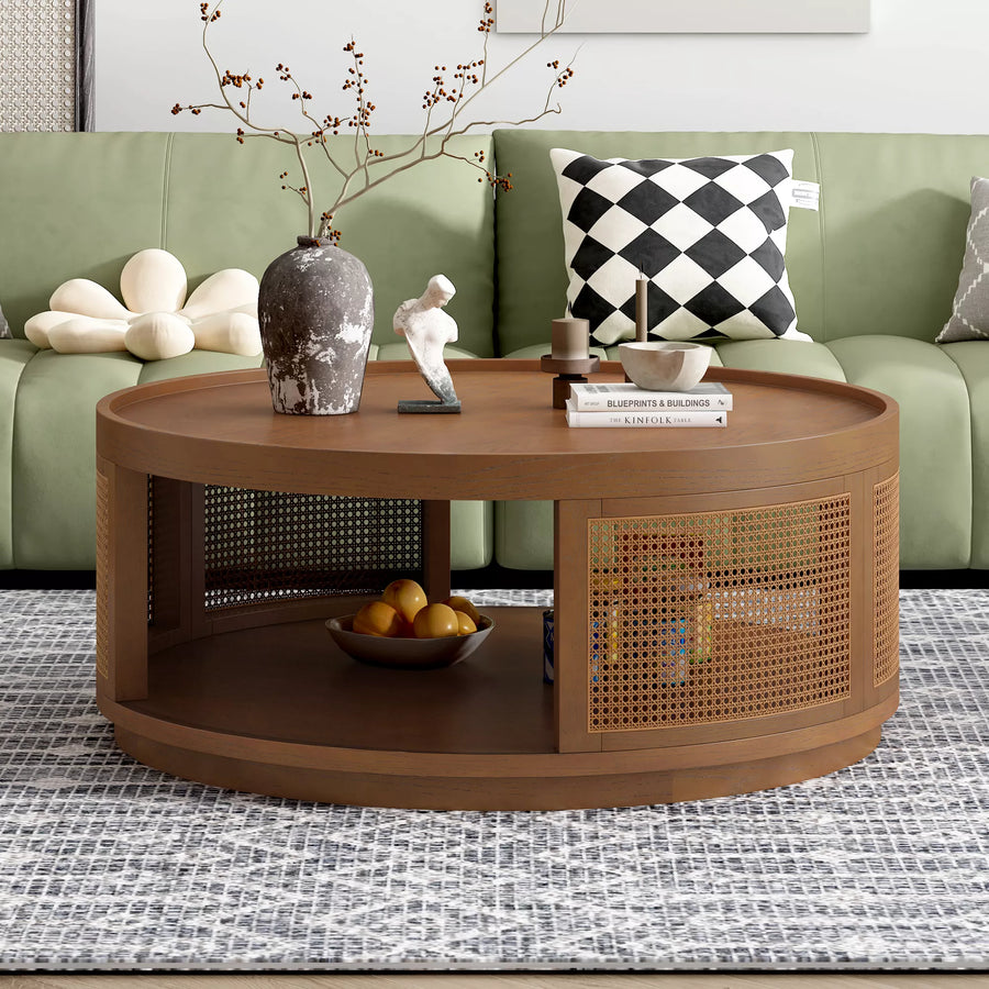 36.8'' Round Coffee Table, Modern Wooden Center Tables with PE Rattan Side, Mid-Century Retro Farmhouse Style Circle 2-Tier for Living Room,Bedroom