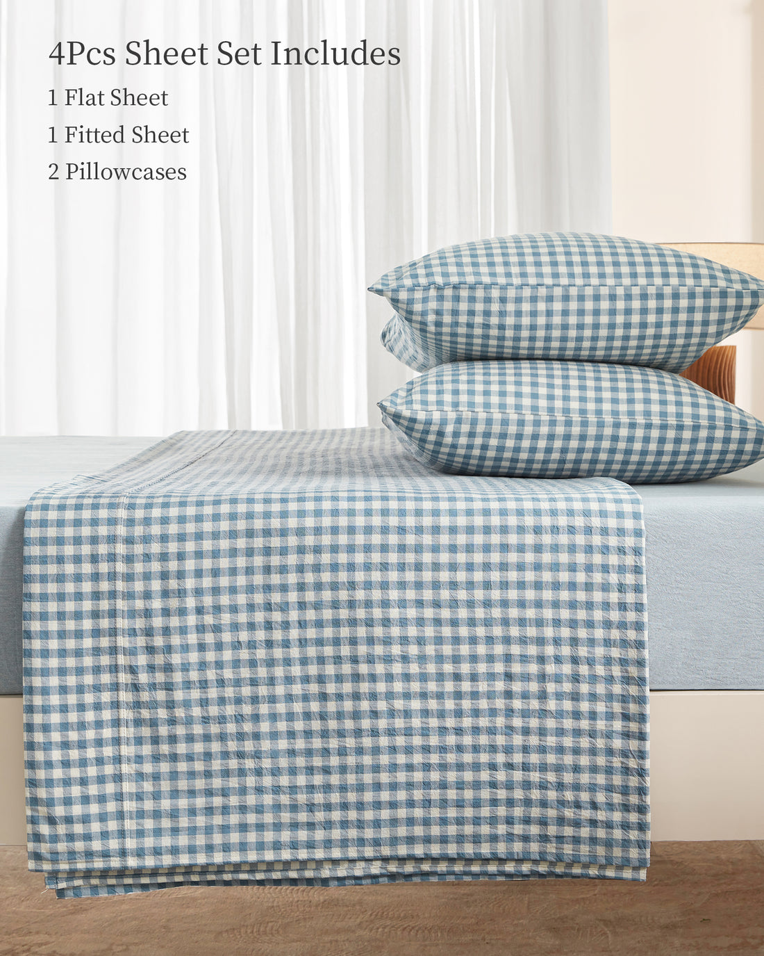 100% Washed Cotton Gingham Bed Sheet Set
