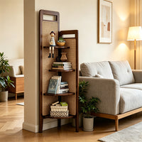 Retro Solid Wood Triangular Corner Bookshelf with Woven Rattan