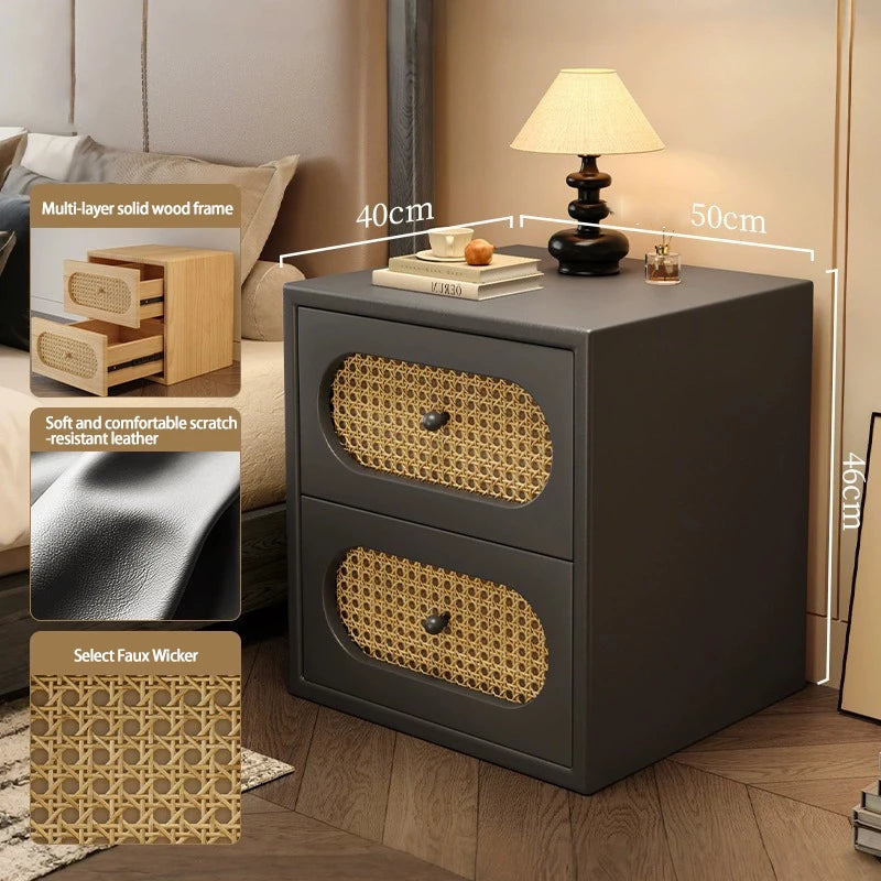 Mid-Century Modern Solid Wood Nightstand (with Natural Rattan Drawers)
