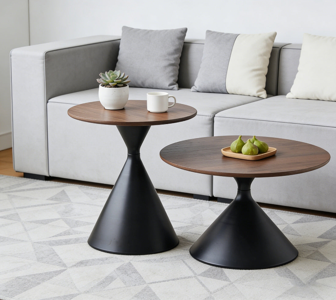 50+70cm Round Coffee Table Set of 2, Modern Cream Style Coffee Tables, Solid Wood Accent Tables for Living Room, Easy Assembly