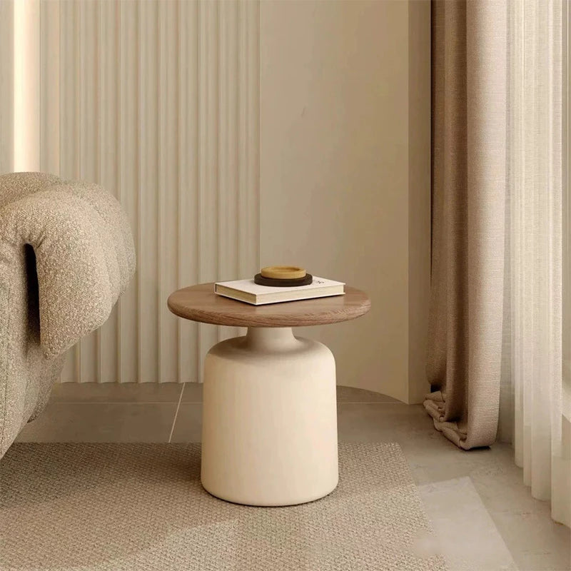 50+70cm Cream & Wood Round Coffee Table – Modern Pedestal Cocktail Table with Carbon Steel Base, Nordic Minimalist Center Table for Living Room