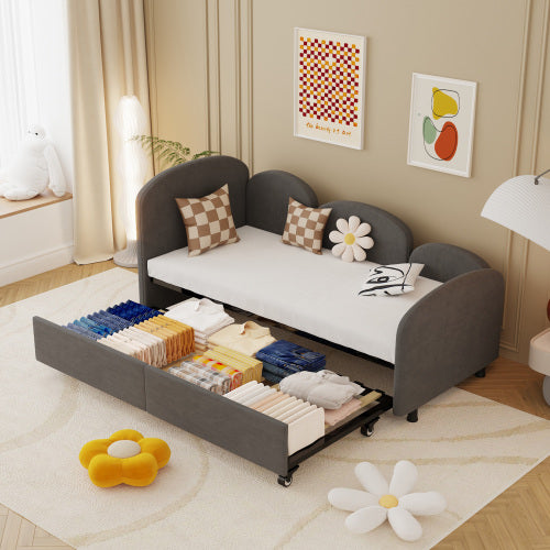 Modern Minimalist Daybed with Wooden Slats and Trundle for Bedroom and Living Room, Guest Room, Twin Size