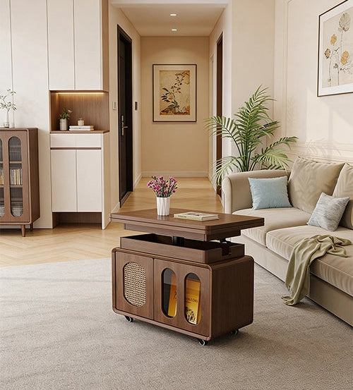 Adjustable Solid Wood Side Table with Wheels Rolling Sofa Table for Living Room