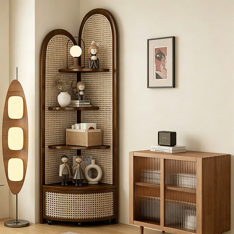 Solid Wood Rattan Corner Cabinet, 4-Tier Triangle Corner Shelf, Freestanding Rattan Bookshelf Storage Display Rack for Living Room Bedroom Office