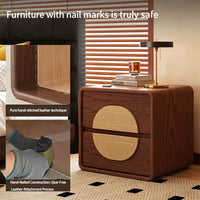 Mid-Century Style Solid Wood & Rattan Nightstand with 2 Drawers