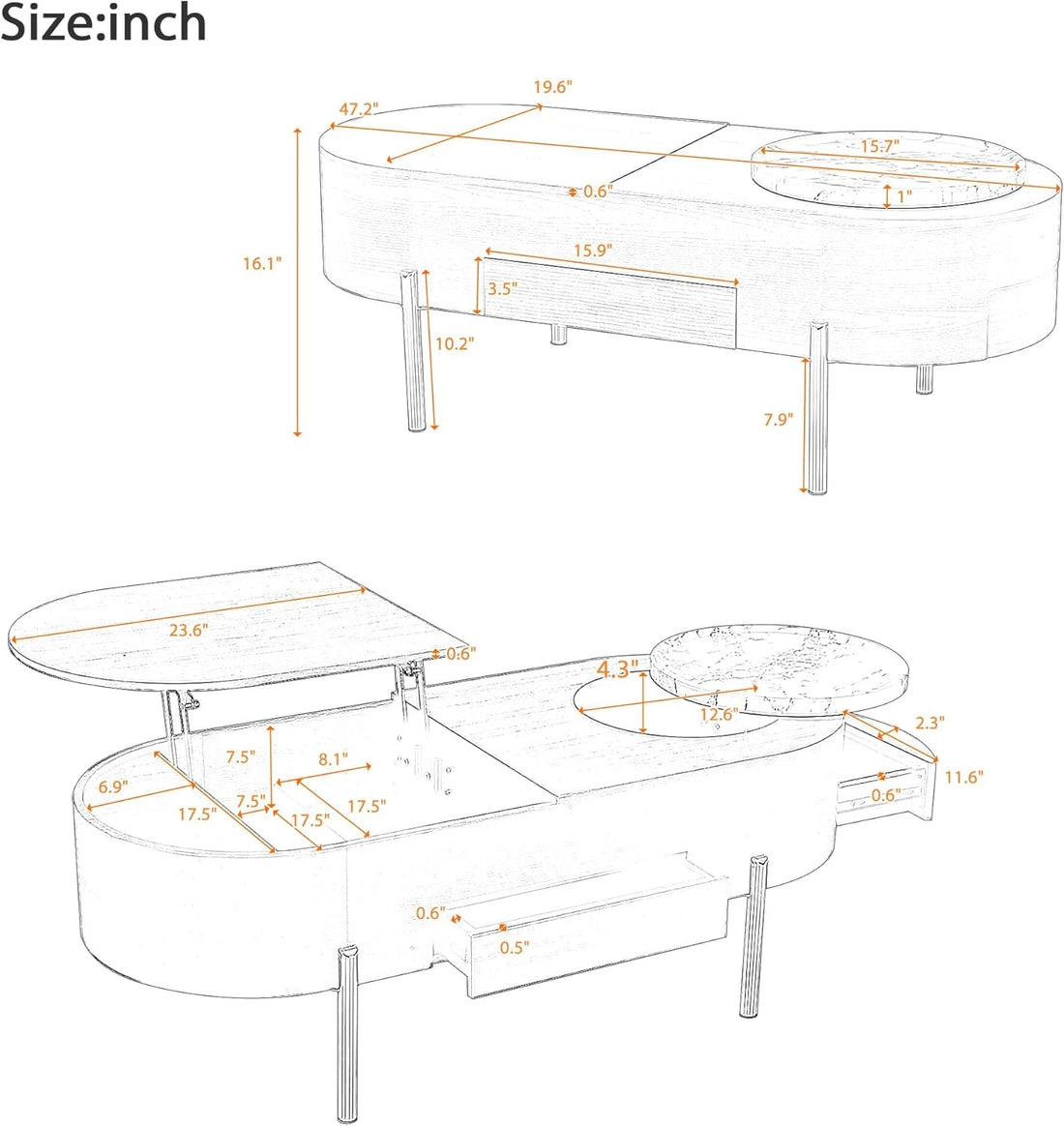 Coffee Table, Lift Top Coffee Tables for Living Room, Wooden Center Tables with Hidden Compartment and 360-degree Marble-Patterned Rotating Tray, 47.2'', (Brown)