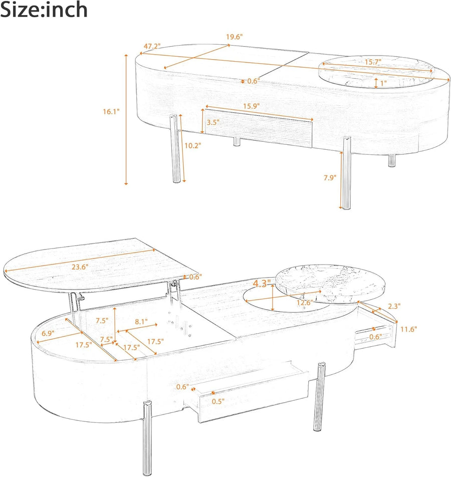 Coffee Table, Lift Top Coffee Tables for Living Room, Wooden Center Tables with Hidden Compartment and 360-degree Marble-Patterned Rotating Tray, 47.2'', (Brown)