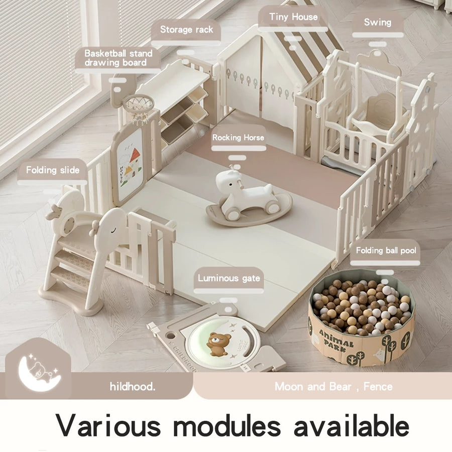 Indoor Newborn Playpen & Play Yard Play Pen with Toys and House |  Glowing Moon Bear