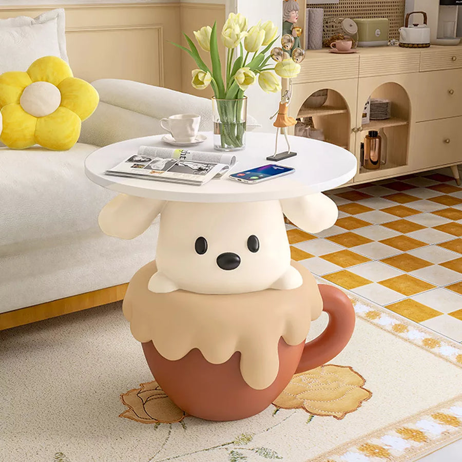 Sculpture Tray Table Floor Standing Cute Teacup Dog Statue Tray, Resin Bedside Table for Girls Bedroom, Creative Storage Tray, Birthday Present, , White+brown