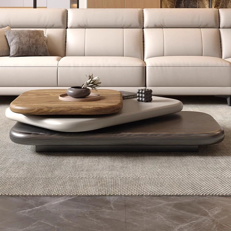 360° Rotating 3-tier Round Coffee Table Combination, Coffee Tables for Living Room, Wood Finish, Creative Suspended Style