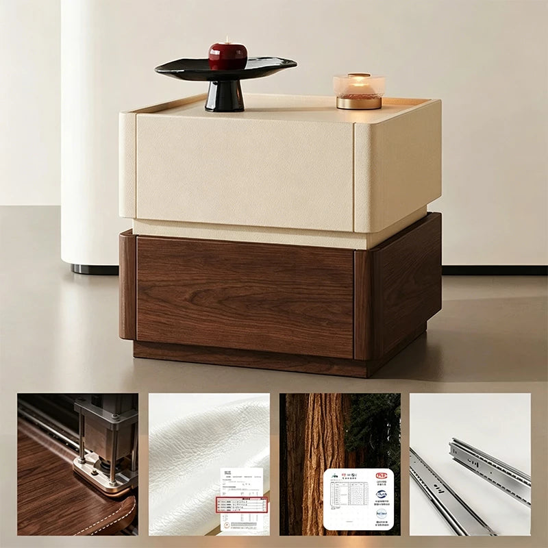 Modern 2-Drawer Nightstand with Hidden Handles & Silent Slides, Faux Leather Wrapped Wooden Bedside Table