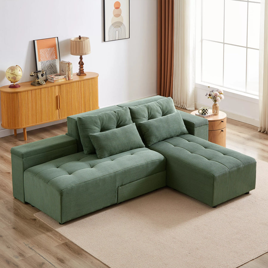 Free Combination Cloud Sectional Sofa Corduroy Upholstered L-Shaped Couch 3 in 1 Convertible Sleeper Sofa Bed Minimalist Modular Couches Chaise Lounge Daybed with Storage and 4 Pillows for Living Room