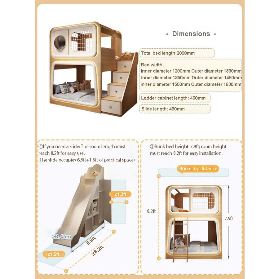 Childrens Bunk Beds, Toddler Bunk Beds Ladder Cabinet with Slide and Drawers, Mattress Space Capsule
