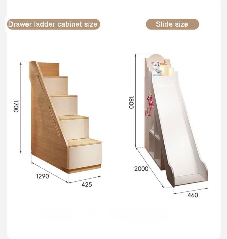 Childrens Bunk Beds, Toddler Bunk Beds Ladder Cabinet with Slide and Drawers, Mattress Space Capsule