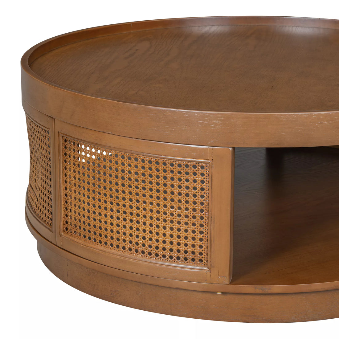 36.8'' Round Coffee Table, Modern Wooden Center Tables with PE Rattan Side, Mid-Century Retro Farmhouse Style Circle 2-Tier for Living Room,Bedroom